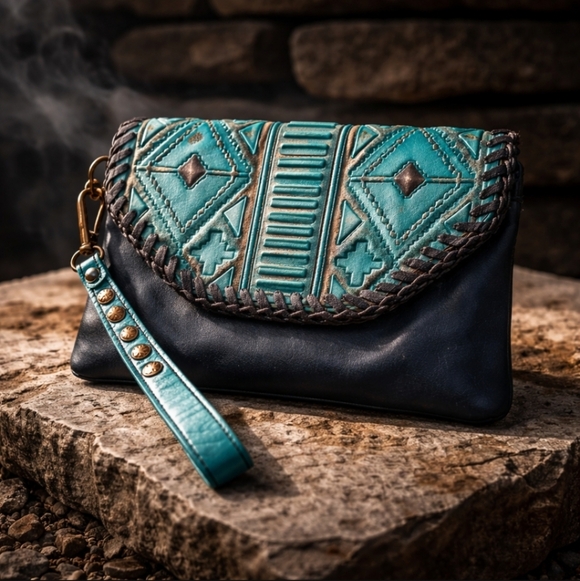 Montana West Handbags - Montana West Green and Black Leather Clutch Wristlet